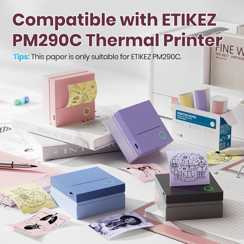 ETIKEZ Genuine Self-Adhesive Thermal Printer Stickers, Compatible with PM290C Mini Sticker Printer, Black on White, 54mmx3.2m Sticker Paper for Journal, Study, Photos, 3 Rolls, Yellow/Pink/Purple - Image 3